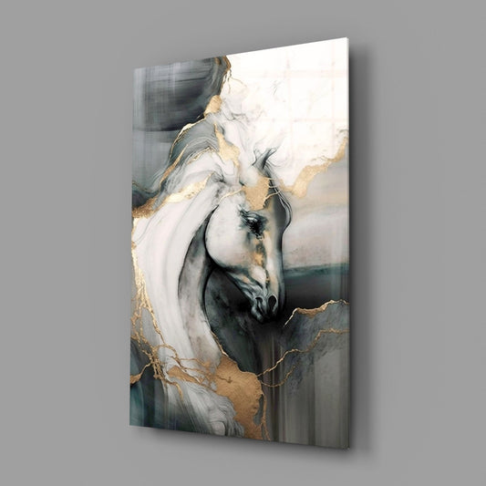 Marble horse glass wall art on a gray wall, light reflecting off the glossy front