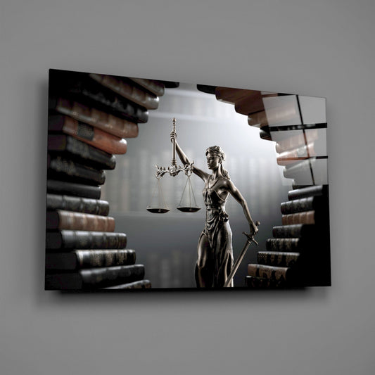 Lady Justice statue glass wall art on a gray wall, light reflecting off the glossy front