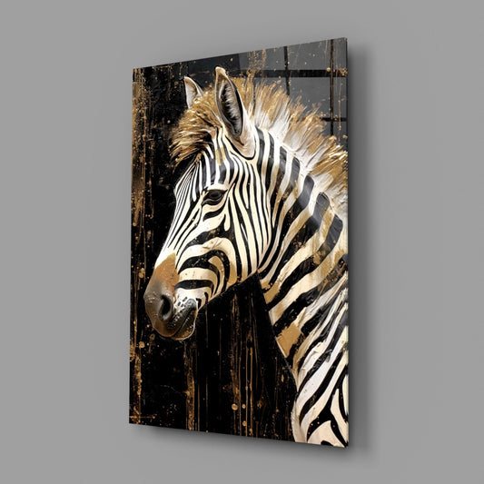 Zebra profile glass wall art on a gray wall, light reflecting off the glossy front