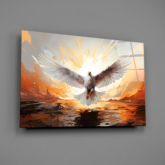 White dove and sunburst glass wall art angled on a plain gray wall