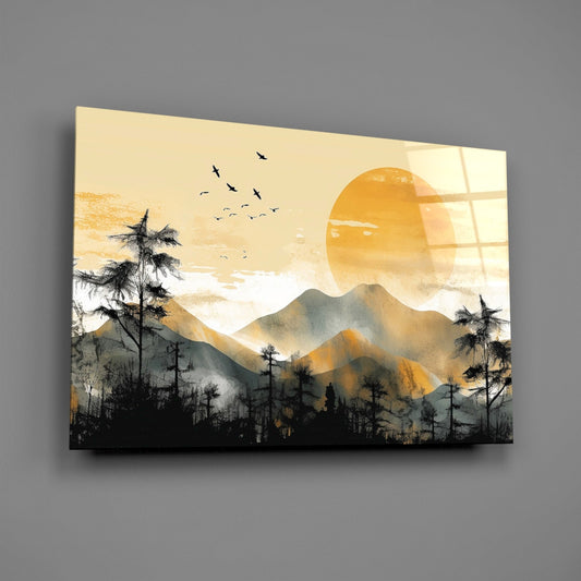 Golden sun mountains glass wall art on a gray wall, light reflecting off the glossy front