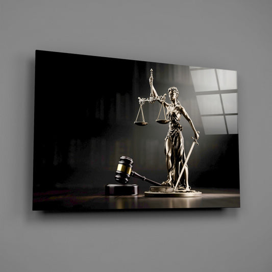 Lady Justice statue glass wall art on a gray wall, light reflecting off the glossy front