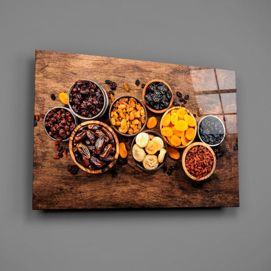 Dried fruit bowls glass wall art angled on a plain gray wall