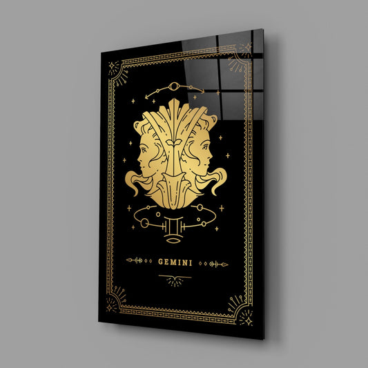 Gemini zodiac glass wall art on a gray wall, light reflecting off the glossy black front