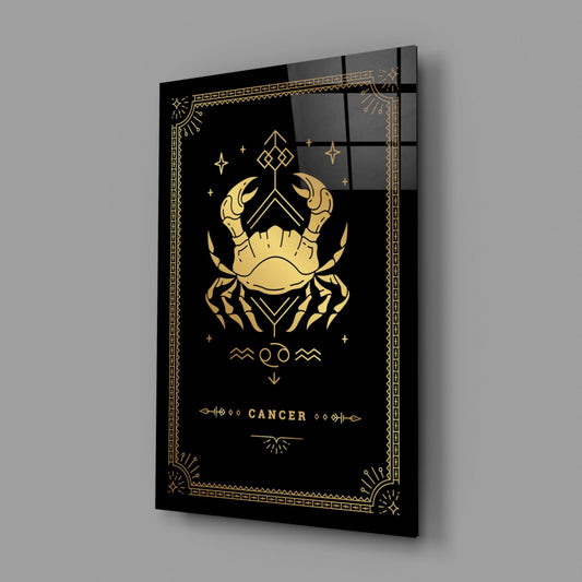 Cancer zodiac glass wall art on a gray wall, light reflecting off the glossy black front