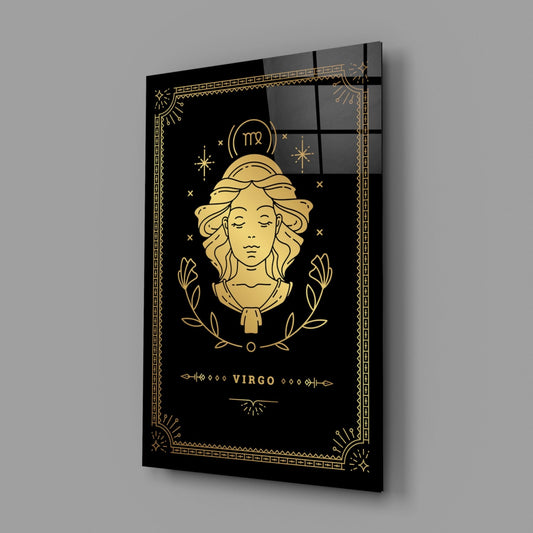 Virgo zodiac glass wall art on a gray wall, light reflecting off the glossy black front