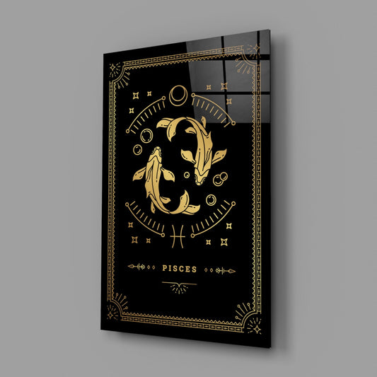 Pisces zodiac glass wall art on a gray wall, light reflecting off the glossy black front