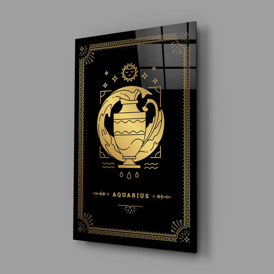 Aquarius zodiac glass wall art on a gray wall, light reflecting off the glossy black front