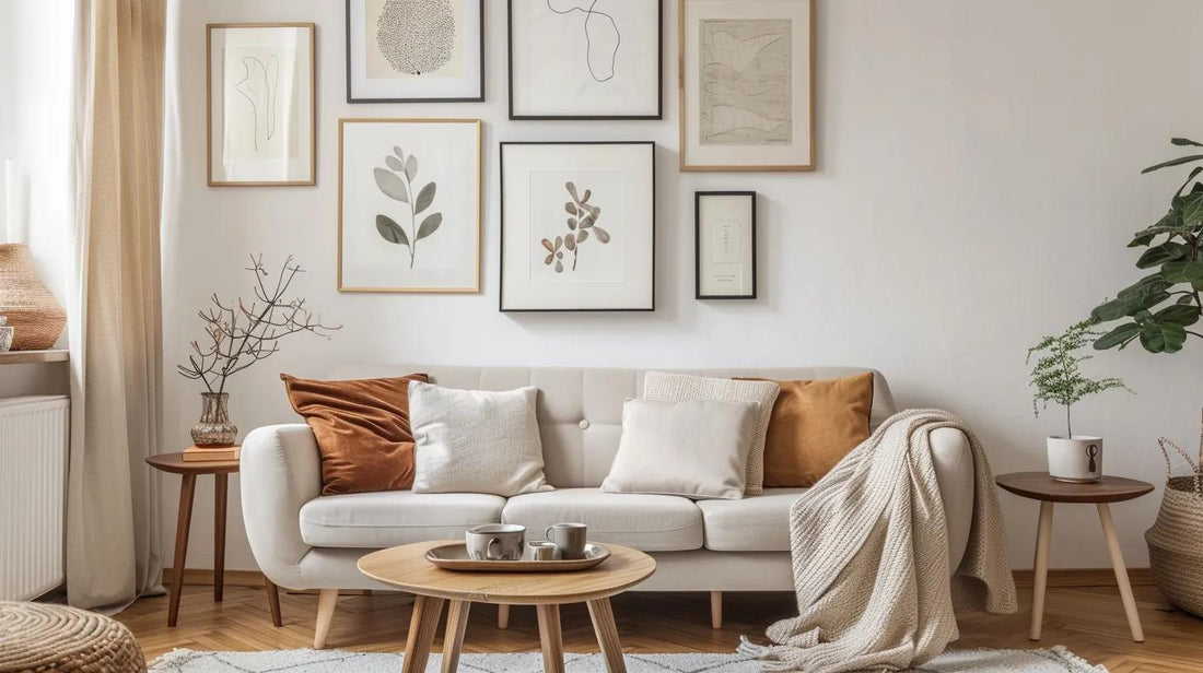 Gallery wall layout with five framed prints above a sofa in a small living room