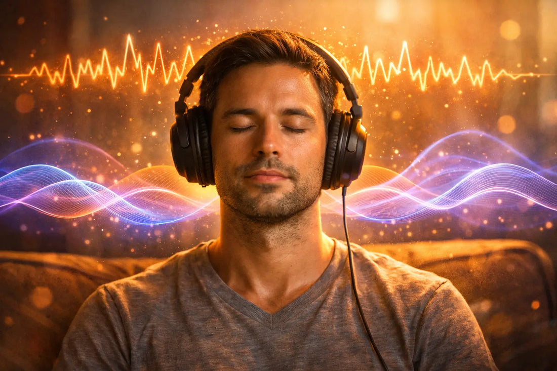 A person wearing headphones with their eyes closed in peaceful concentration, surrounded by colorful sound waves and brainwave patterns representing gamma and theta frequencies, with a warm, inviting lighting that suggests mental clarity and focus.