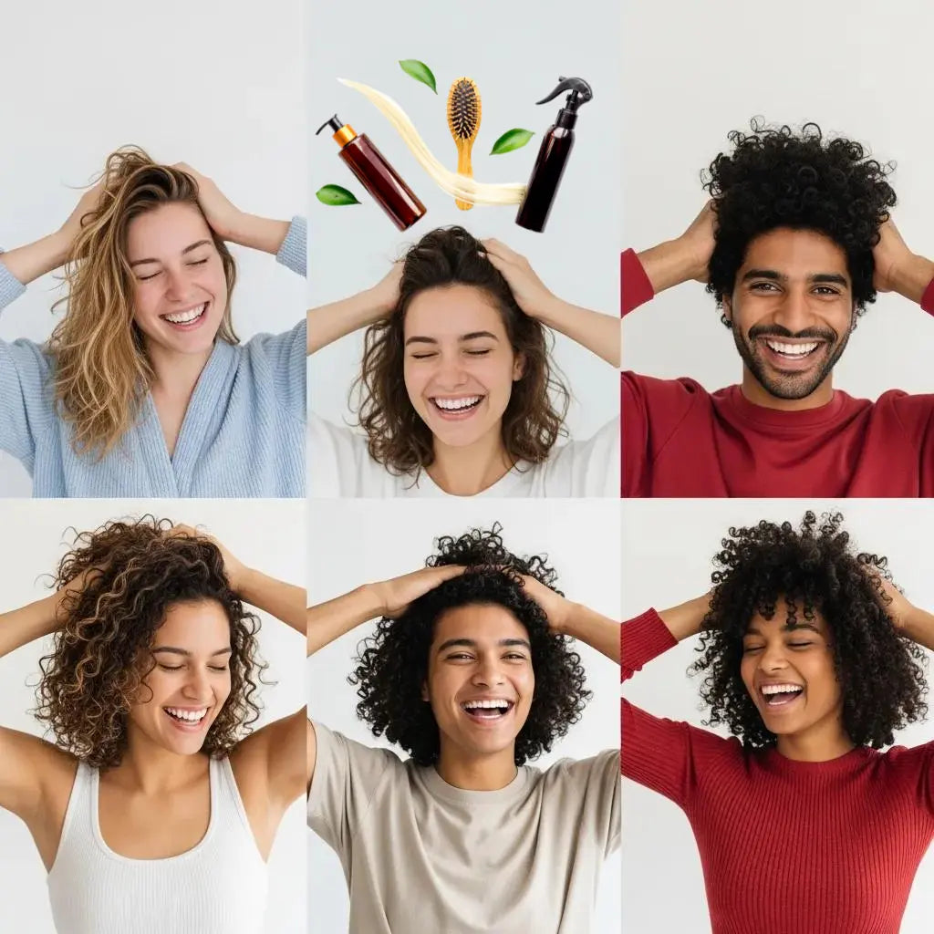 People with a variety of hair types practicing everyday hair-care routines