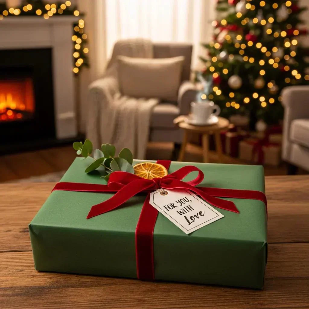 Beautifully wrapped gift box with a personalized tag in a cozy, festive setting
