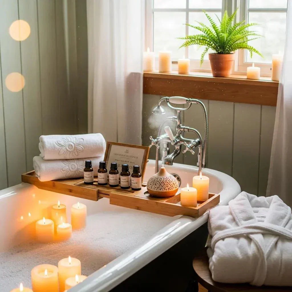 Cozy at-home spa setup with candles, essential oils, and soft towels for relaxation