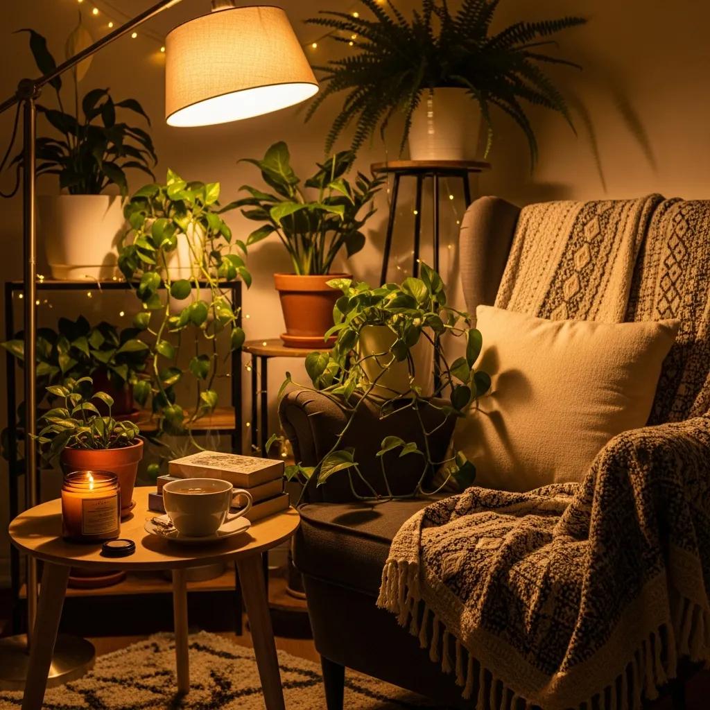 Cozy self-care setup with a chair, candles, and tea promoting relaxation and wellness