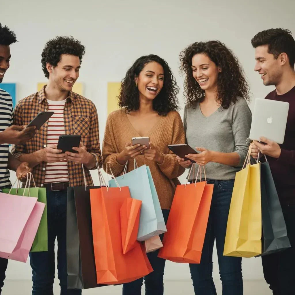 Diverse group of shoppers enjoying Black Friday deals on tech and fashion items