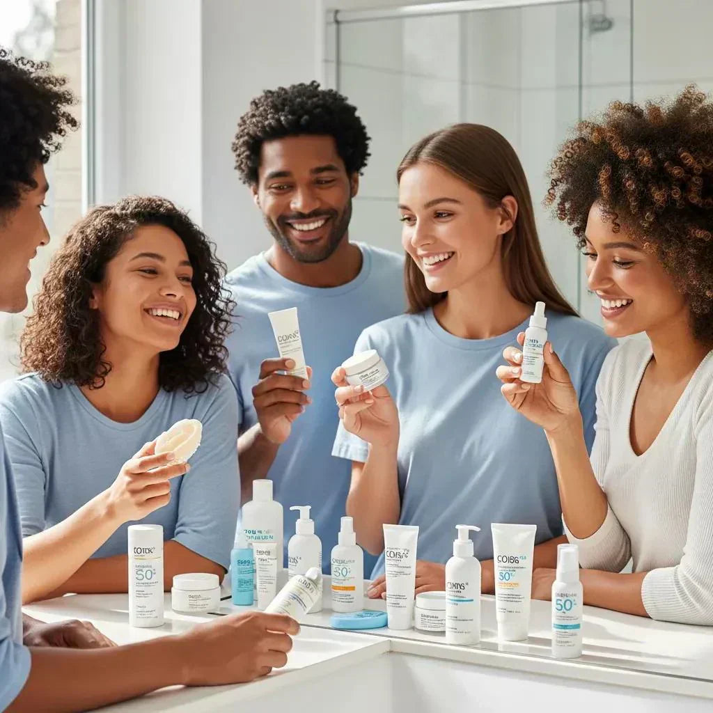 People enjoying a simple, effective skincare routine with products lined up on a bathroom counter