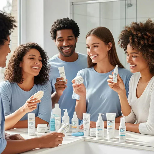 People enjoying a simple, effective skincare routine with products lined up on a bathroom counter