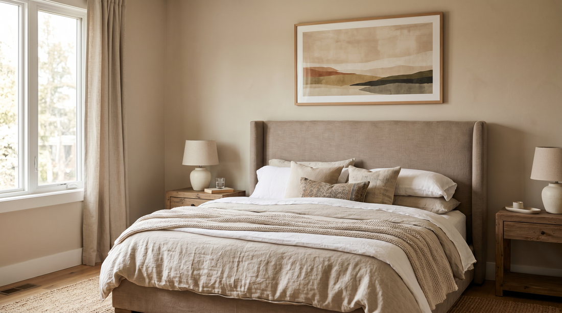 A single horizontal framed abstract print above an upholstered headboard, sized to about two-thirds the bed width, showing correct scale and height above a bed