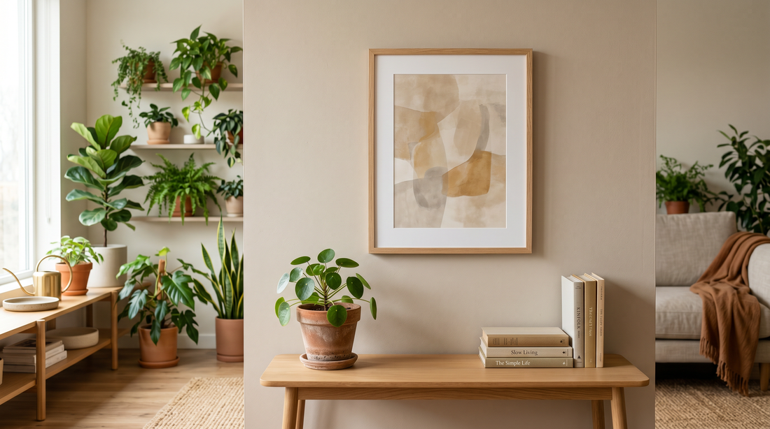 A single framed abstract print hung level on a smooth apartment wall above a slim console table, an example of damage-free framed art in a rental