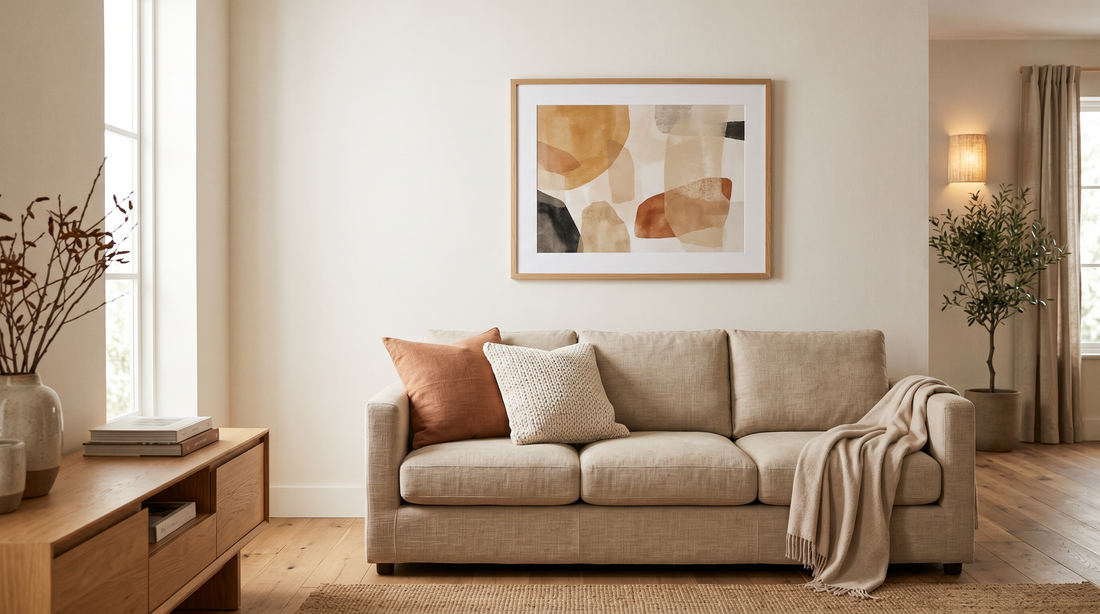 A framed abstract print above a linen sofa with warm tones that echo the terracotta and cream cushions without matching, an example of coordinating art with furniture