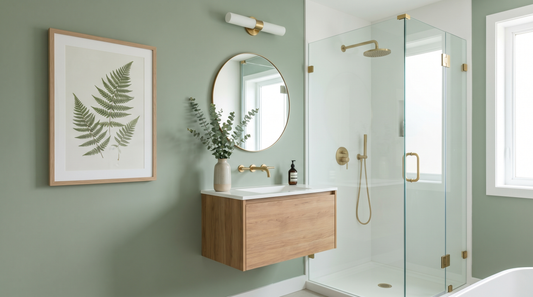 Framed bathroom wall art ideas above a white tub in a bright modern bathroom