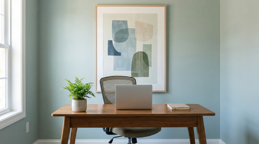 Home office wall art ideas: a framed calm abstract above a wood desk in a bright workspace