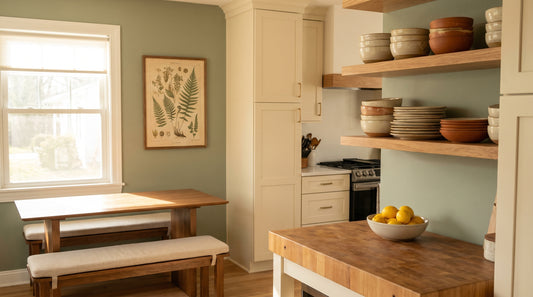 Kitchen wall art ideas: framed botanical prints above a breakfast nook bench