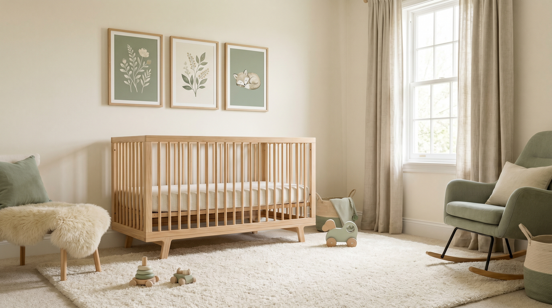 Nursery wall art ideas: a set of three framed safari animal prints above a crib