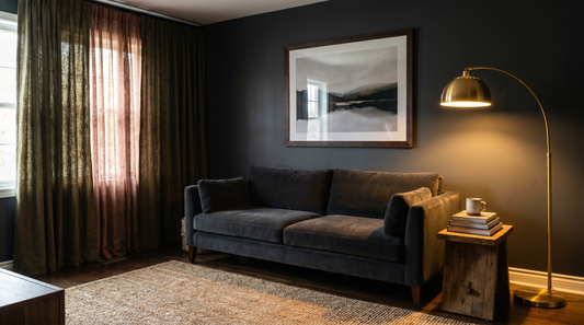 Accent wall art placement on a deep charcoal painted wall, a large light abstract centered above a low walnut console