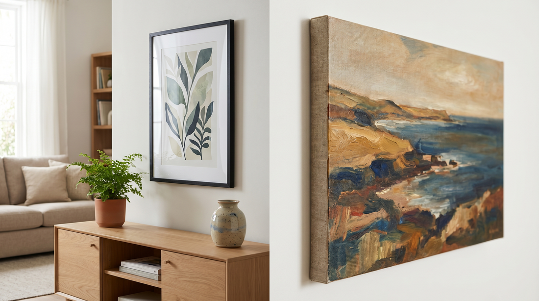 Framed art vs canvas prints compared side by side on one living room wall, a glazed framed print beside a frameless canvas