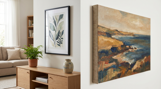 Framed art vs canvas prints compared side by side on one living room wall, a glazed framed print beside a frameless canvas