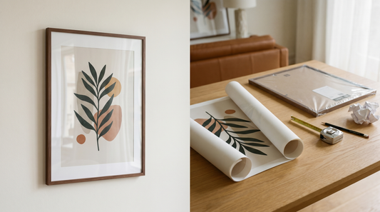 Digital download vs framed art cost: a finished ready-to-hang framed print on the wall beside a loose rolled print and an empty frame on a table