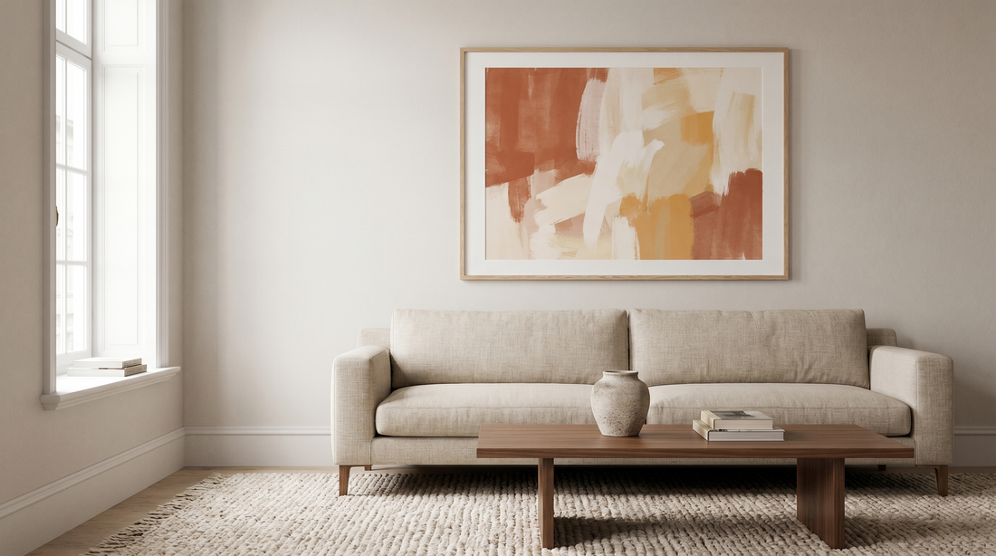 Abstract framed wall art ideas: a large warm-toned abstract print in a slim oak frame above a linen sofa in a sunlit living room