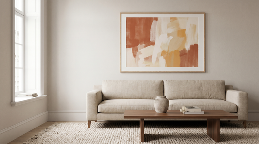 Abstract framed wall art ideas: a large warm-toned abstract print in a slim oak frame above a linen sofa in a sunlit living room