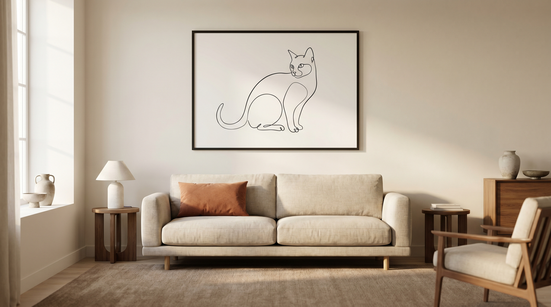 Stylish cat wall art ideas: a framed black-and-white line-art cat print above a sofa