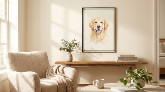 Custom pet portrait guide: a framed watercolor portrait of a golden dog hung on a living room wall