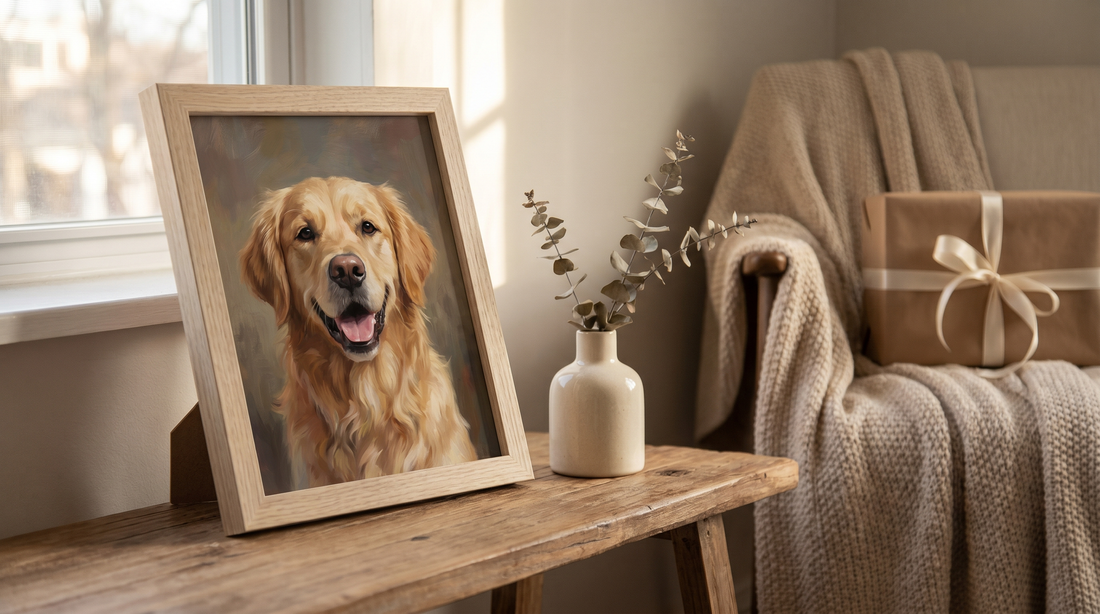 Unique gifts for dog lovers: a framed custom dog portrait propped on a console in a warm, cozy living room