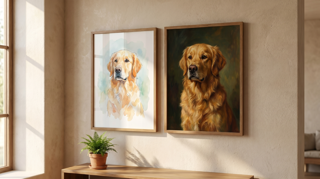 How to choose a pet portrait style: a framed watercolor-style dog portrait beside a classic painted-look portrait on a wall