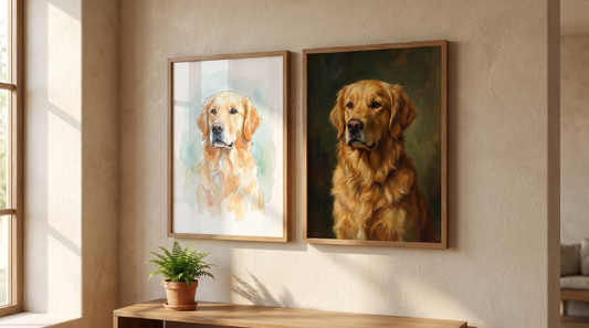 How to choose a pet portrait style: a framed watercolor-style dog portrait beside a classic painted-look portrait on a wall