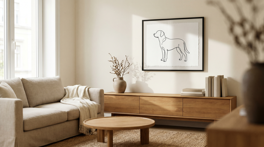 Dog poster design ideas: a framed single-line dog drawing above a console in a calm modern living room