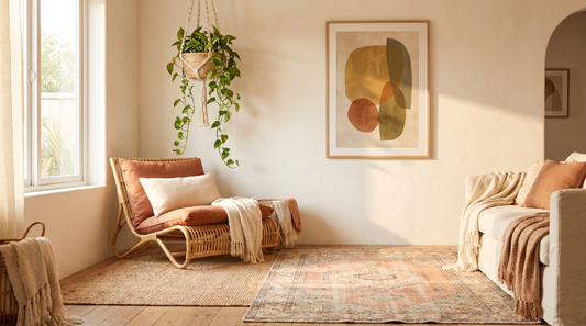 Sunlit boho living room with rattan chair, layered woven rugs, trailing plants, and framed boho wall art on a warm white wall