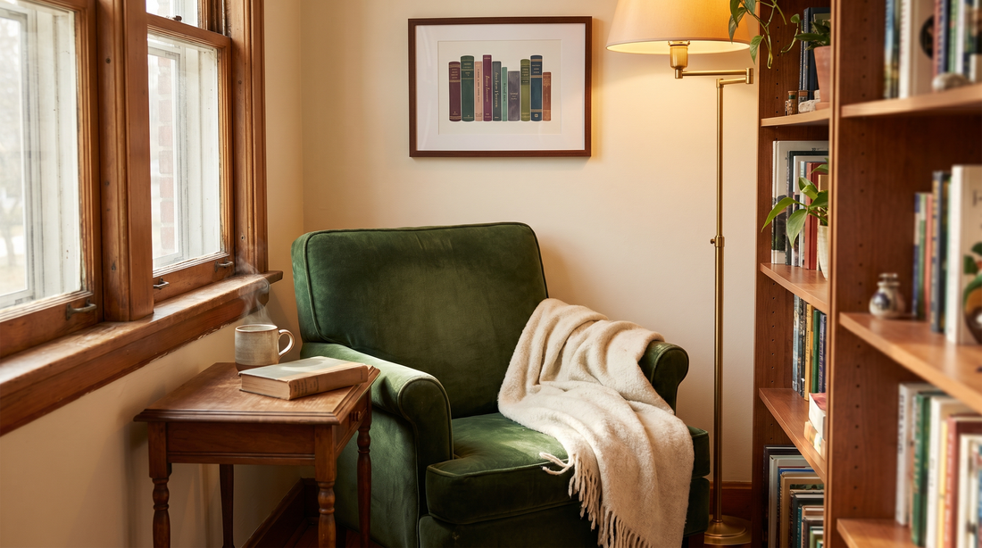 Book lover decor ideas: a framed vintage book-spine print above a reading chair in a cozy reading nook