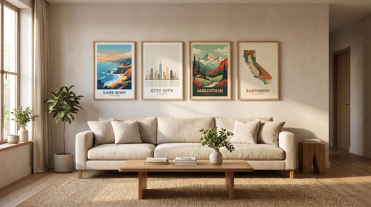 Travel poster decor ideas: framed city and coast prints grouped above a sofa