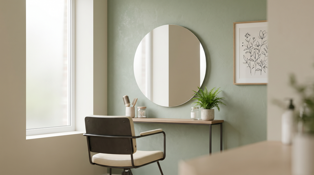Salon wall art ideas: a calm framed botanical print on a sage feature wall above a styling station with a large mirror