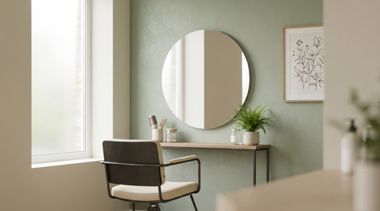 Salon wall art ideas: a calm framed botanical print on a sage feature wall above a styling station with a large mirror
