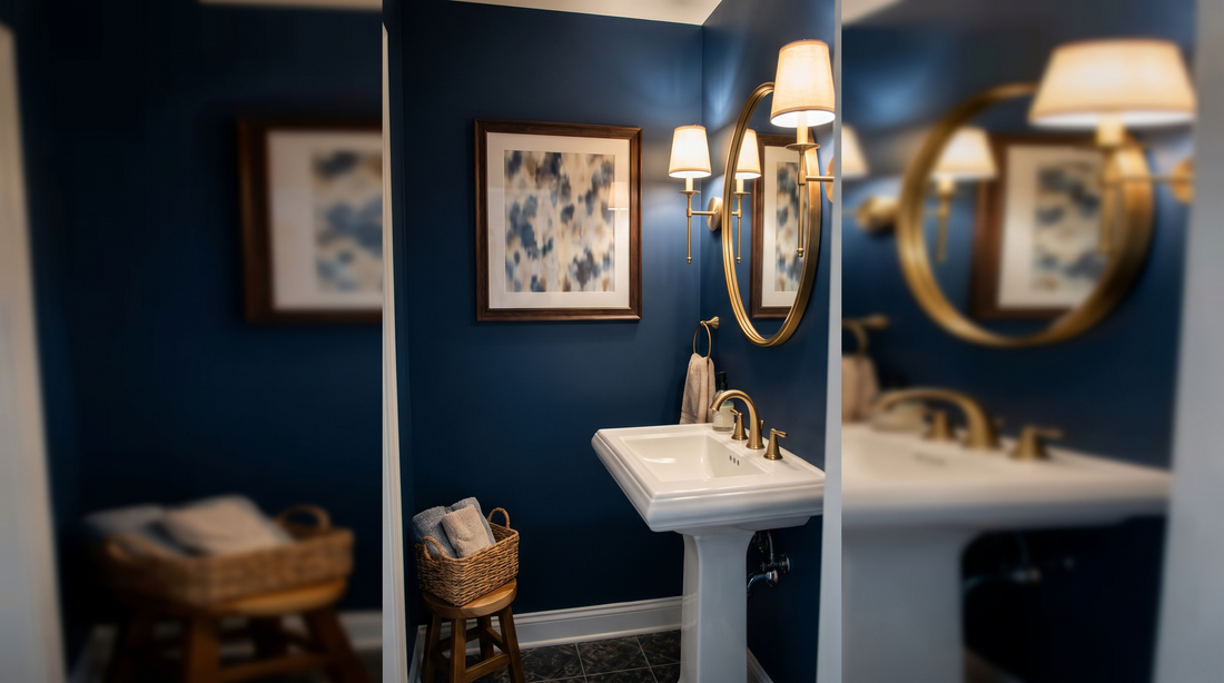 Funny wall art ideas: a single witty framed print in a powder room above the sink