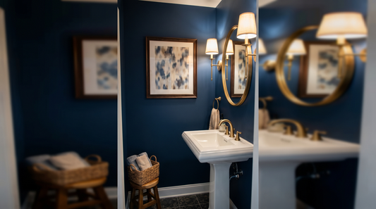Funny wall art ideas: a single witty framed print in a powder room above the sink
