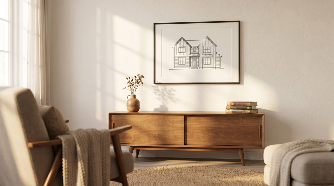 Custom house portrait gift: a framed line-art portrait of a home hung on a living room wall