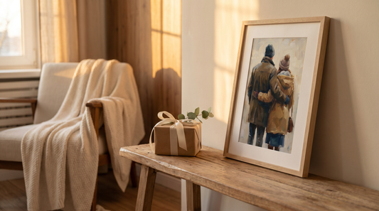 Unique anniversary gift ideas: a framed custom couple portrait propped on a console with a wrapped gift, in a warm living room