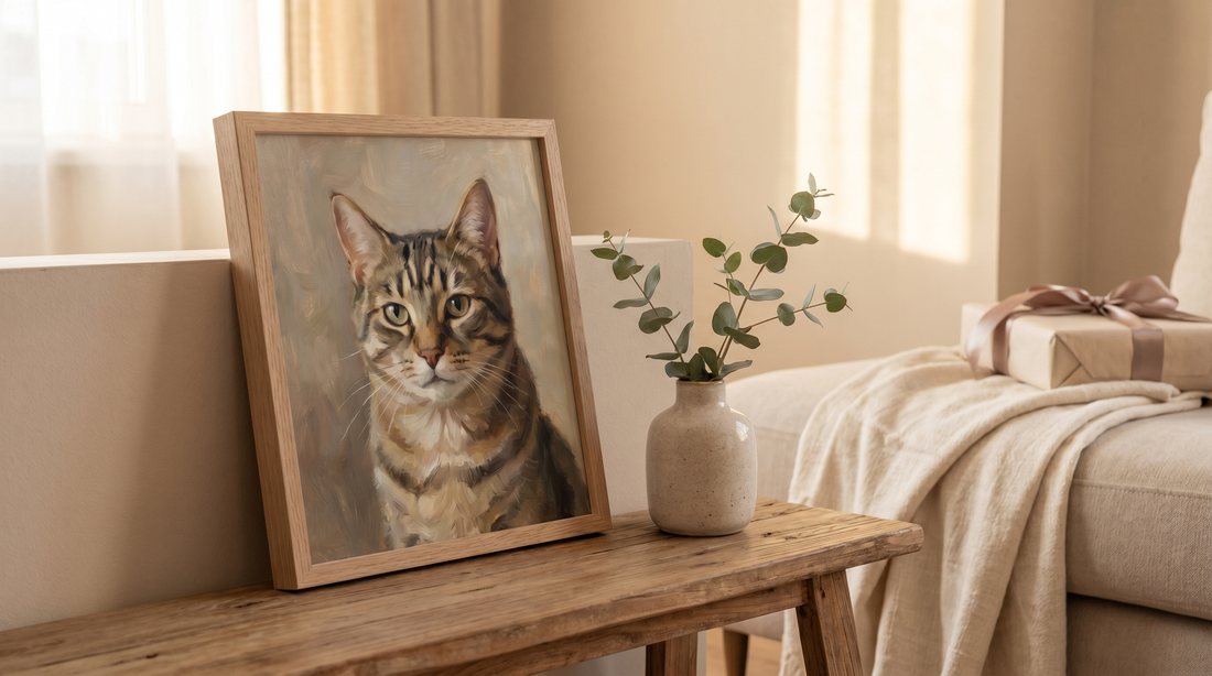 Gifts for cat lovers unique: a framed custom cat portrait propped on a console in a warm, grown-up living room